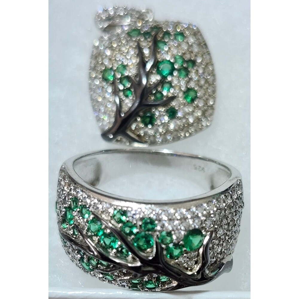 Vintage 925 Sterling Silver Green Rhinestone Tree of Life Ring and Pendant Set